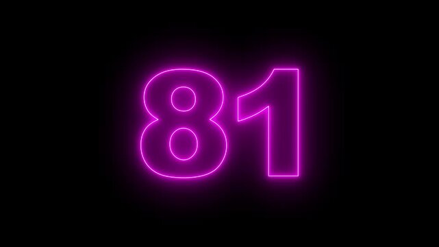Neon text 81 number countdown icon, neon number 81 with alpha channel, neon numbers, Bright neon glowing number 81 on background 4k animation