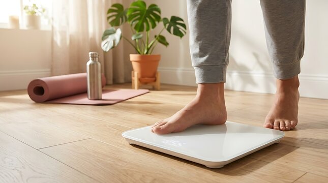 Person stepping on digital scale on wooden floor at home
