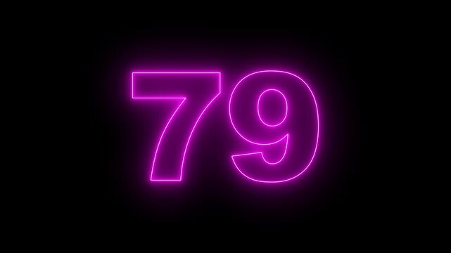 Neon text 79 number countdown icon, neon number 79 with alpha channel, neon numbers, Bright neon glowing number 79 on background 4k animation