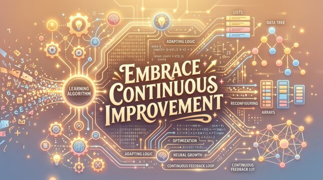 Abstract digital network with glowing circuits and text 'Embrace Continuous Improvement'