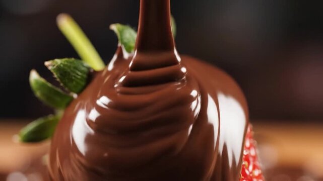 Thick dark chocolate pouring over a fresh ripe strawberry.