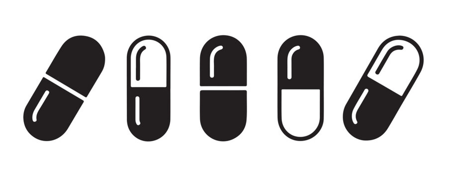 Capsule pills and tablets icons for medical treatment and healthcare services.