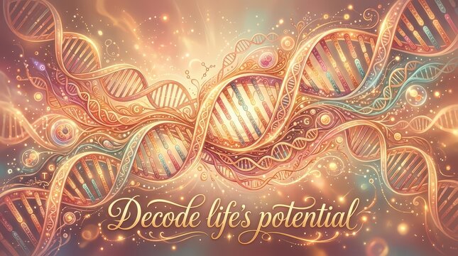 Abstract DNA Helix Structure with Golden Light and Sparkles, Decoding Life's Potential