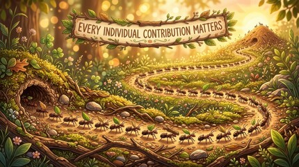 Obraz premium Ants marching in a line on a path towards an anthill, with a banner saying 'Every Individual Contrib