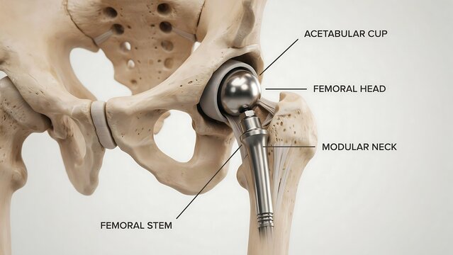 Hip replacement prosthesis with acetabular cup and femoral components