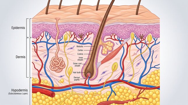 Anatomical cross section of human skin revealing epidermis, dermis, and hypodermis layers, with detailed cellular structures, connective tissues, hair follicles, glands, blood vessels and etc