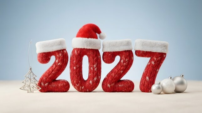 Festive knitted numbers forming two thousand twenty seven with christmas ornaments and decorations