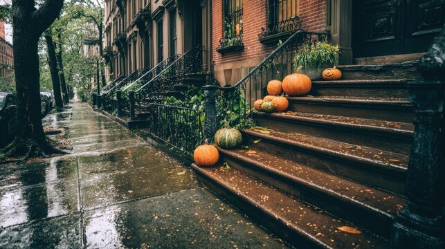 Pumpkins arranged on brownstone steps on a rainy city sidewalk in autumn