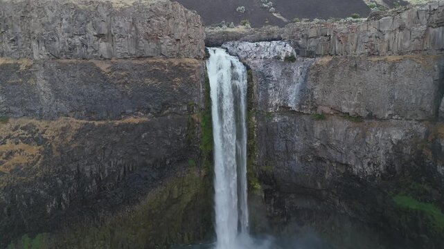Palouse Falls Plunging Over Basalt Cliffs In Washington State Aerial Drone 4K Video