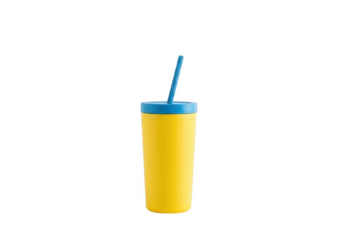 Yellow tumbler cup with a blue lid and straw isolated on transparent background