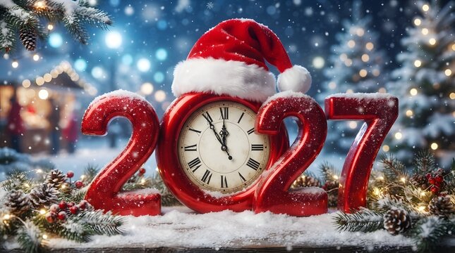 Festive new year 2027 celebration with santa hat and clock against winter background