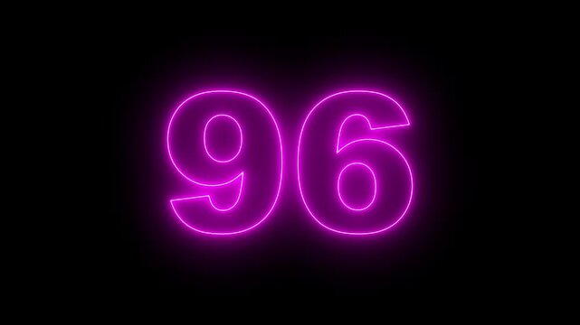 Neon text 96 number countdown icon, neon number 96 with alpha channel, neon numbers, Bright neon glowing number 96 on background 4k animation