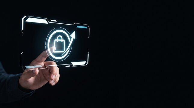 Finger activating a transparent digital shield icon on a sleek device screen representing data protection and cybersecurity in a high-tech environment.