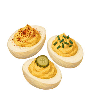 Classic Deviled Eggs with Assorted Toppings Vintage Hand Drawn Food Illustration