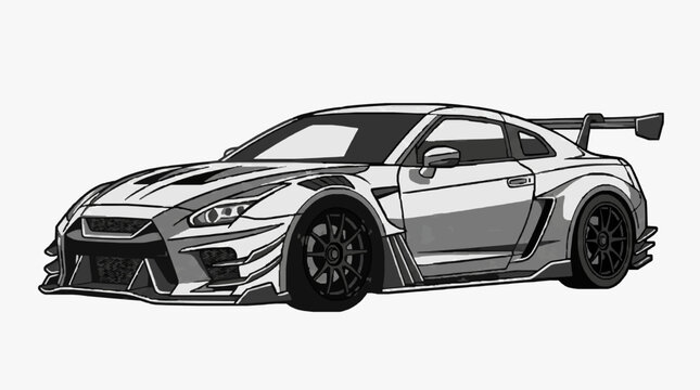Stylish Racing Car Sketch with Aerodynamic Spoiler and Aggressive Wheel Design