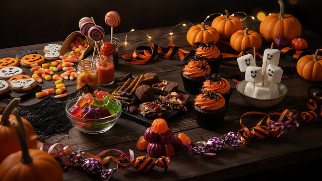 Wide table arrangement of spooky Halloween treats featuring ghost marshmallows, frosted cupcakes, and orange pumpkins created with generative AI