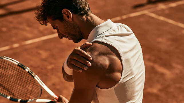Male tennis player experiencing shoulder pain while holding his racket on a clay court, highlighting the physical demands and potential injuries associated with the sport