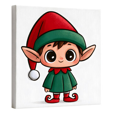 Cute cartoon elf character with big eyes and pointed ears wearing a red and green outfit