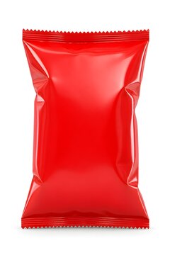 Red blank plastic foil snack bag mockup for potato chips or food packaging presentation isolated on white background with realistic glossy textures