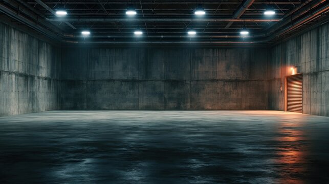 Empty dark industrial concrete warehouse space with round ceiling lights and closed rolling shutter door with warm orange accent glow at one corner