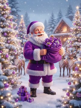 Festive santa claus holding gifts in a snowy winter forest illustration