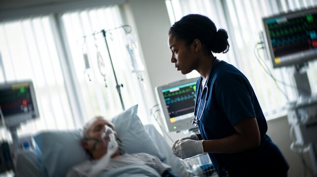 Young African American female nurse showcasing intensive patient monitoring, vital signs tracking and emergency care, representing dedicated medical support and critical healthcare service