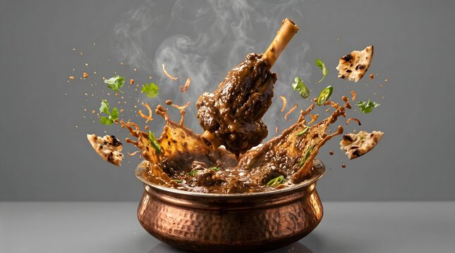 Slow-Cooked Spicy Lamb Shank Curry in Copper Handi with Naan Bread
