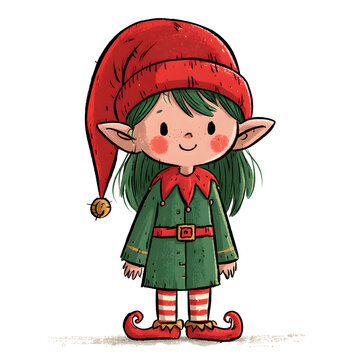 Cute cartoon elf girl with green hair and red hat smiling on black background
