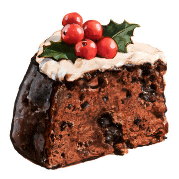 Slice of traditional Christmas fruitcake with icing and holly berries on black background