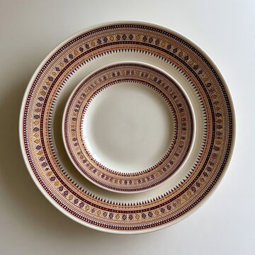 Top view of two nested differently sized round ceramic plates with symmetrical decorative ethnic pattern on border placed on plain light gray background