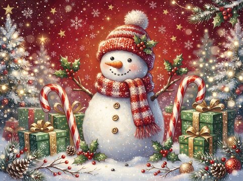 Festive snowman illustration with gifts and candy canes against a sparkling red winter background