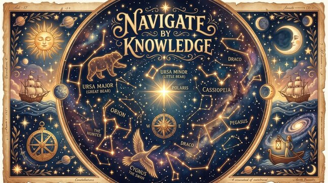 Celestial Navigation Map: Navigate by Knowledge with Constellations, Sun, Moon, and Stars