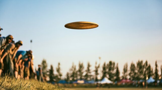 Disc in flight against a clear sky over trees