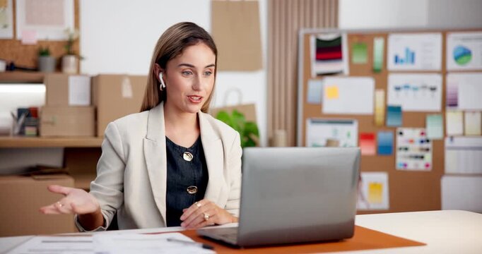 Logistics, laptop and business woman on video call with info, earpods and supplier interview. Shipping, technology and happy person wave for dropshipping, supply chain and distribution communication