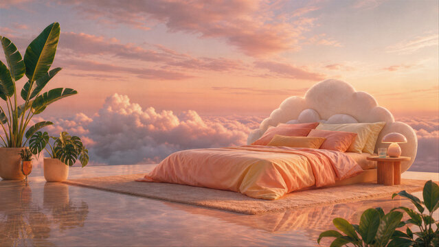 Cozy bed with cloud shaped headboard standing on water above pink clouds at sunset. Dreamy bedroom interior with tropical plants and peach bedding