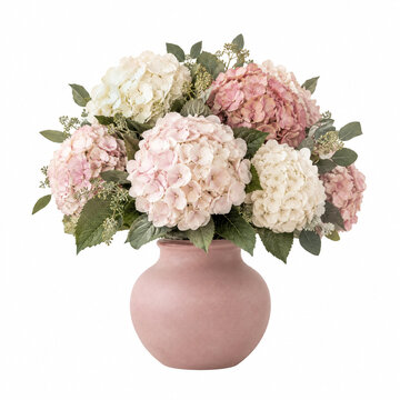 A bouquet of pink and white hydrangea flowers arranged in a soft pink ceramic vase, suitable for home decor or floral arrangements.