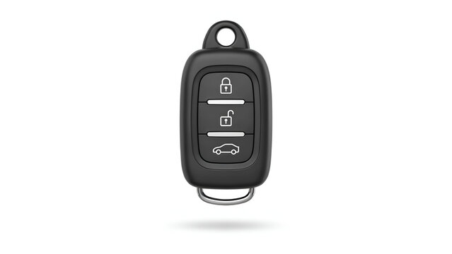 Black car key fob remote with lock unlock and trunk buttons on white background.
