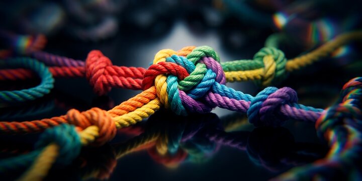 Interconnected colorful rope knots showcasing vibrant rainbow strands, intricate braided textures and tight central ties, symbolizing cultural diversity and team collaboration
