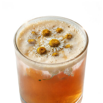Functional beverage with Matricaria chamomilla foam settling gently on bright drink cut out on white background