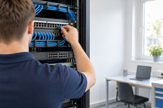 Informatiklernender verbindet ein Netzwerkkabel am Serverschrank