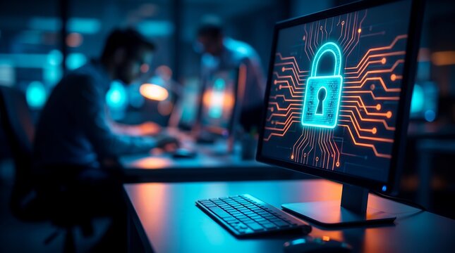 Computer monitor in dark modern office displaying glowing padlock icon, circuit line connection and encrypted data shield, representing cyber security defense and corporate digital privacy
