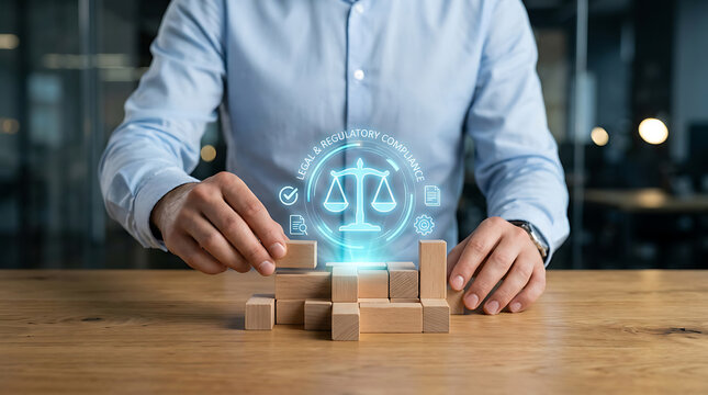 Person stacking wooden blocks with legal and regulatory compliance holographic icon