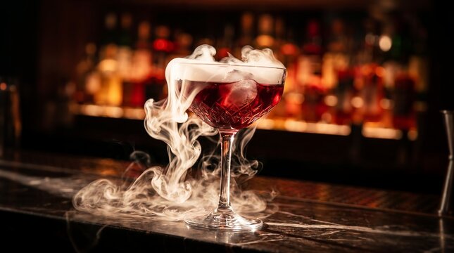 Red dry ice cocktail in a crystal coupe glass showcasing thick smoke vapor, swirl effect and dim bar lighting, representing luxury mixology and nightlife entertainment