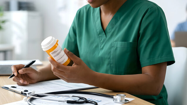 A healthcare professional seated at a modern clinical desk while carefully holding a generic medicine bottle in one hand and a pen in the other, reviewing medication details and treatment information.