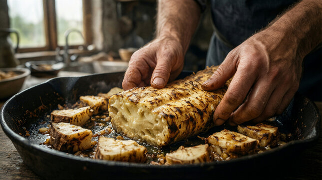Cast iron sheet, chef hands arranging rough cut celeriac root under dramatic oven light and window illumination in rustic kitchen
