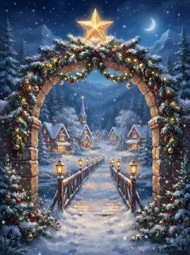 Festive winter landscape with illuminated archway and snow covered village at night