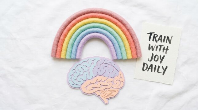 Rainbow and brain in pastel colors representing mental wellbeing