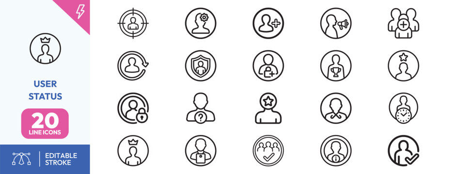 Outline user status account roles activity social media app design.