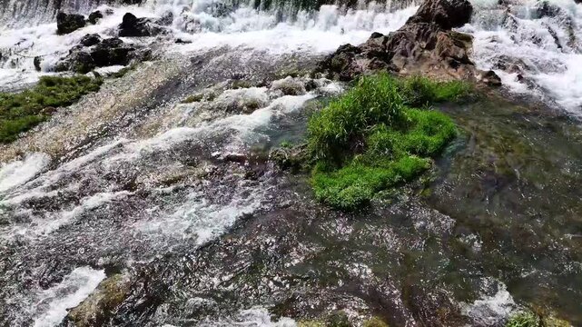 Cinematic aerial: Top-down view of clear glass water flowing over stones and aquatic plants in a natural river