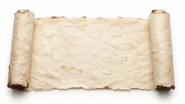 Vintage parchment scroll paper unrolling, ancient paper texture, horizontal blank antique document
